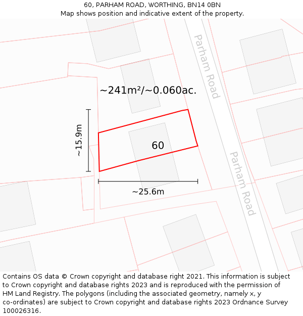 60, PARHAM ROAD, WORTHING, BN14 0BN: Plot and title map