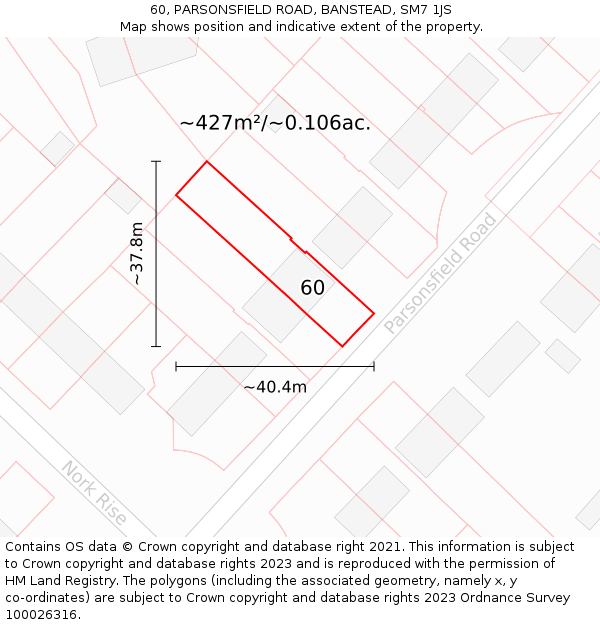 60, PARSONSFIELD ROAD, BANSTEAD, SM7 1JS: Plot and title map