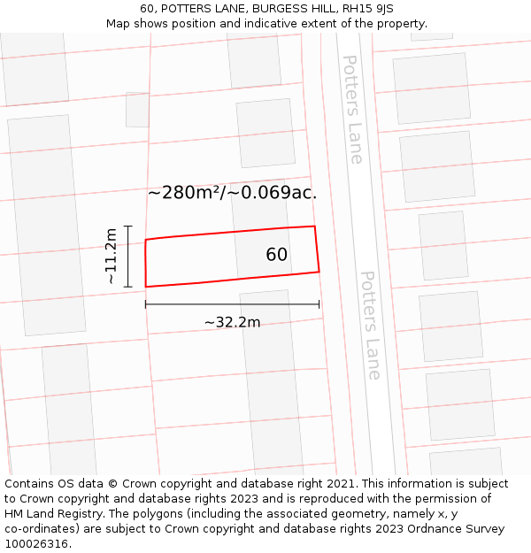 60, POTTERS LANE, BURGESS HILL, RH15 9JS: Plot and title map