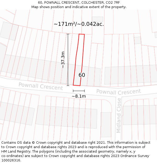 60, POWNALL CRESCENT, COLCHESTER, CO2 7RF: Plot and title map