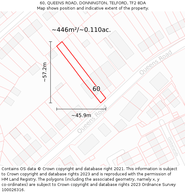 60, QUEENS ROAD, DONNINGTON, TELFORD, TF2 8DA: Plot and title map