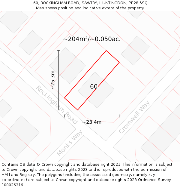 60, ROCKINGHAM ROAD, SAWTRY, HUNTINGDON, PE28 5SQ: Plot and title map