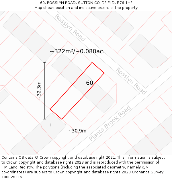 60, ROSSLYN ROAD, SUTTON COLDFIELD, B76 1HF: Plot and title map