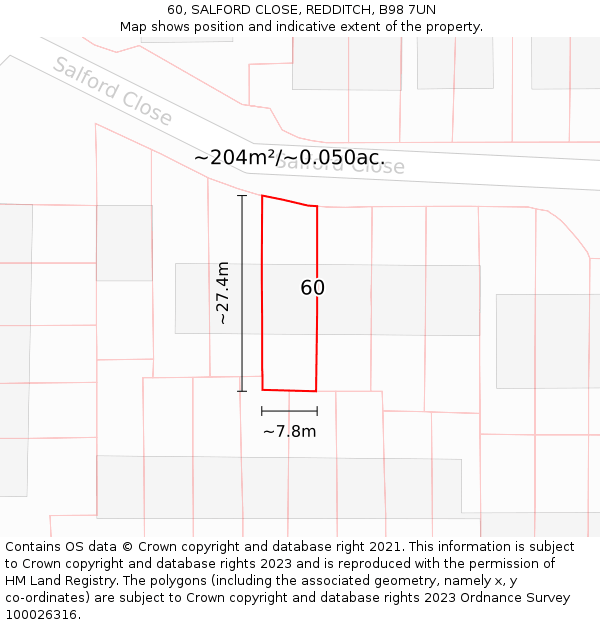 60, SALFORD CLOSE, REDDITCH, B98 7UN: Plot and title map