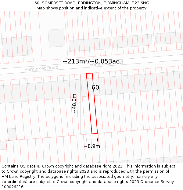 60, SOMERSET ROAD, ERDINGTON, BIRMINGHAM, B23 6NG: Plot and title map