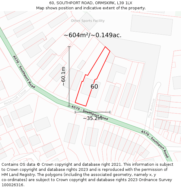 60, SOUTHPORT ROAD, ORMSKIRK, L39 1LX: Plot and title map