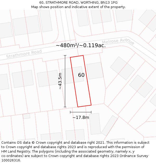 60, STRATHMORE ROAD, WORTHING, BN13 1PG: Plot and title map