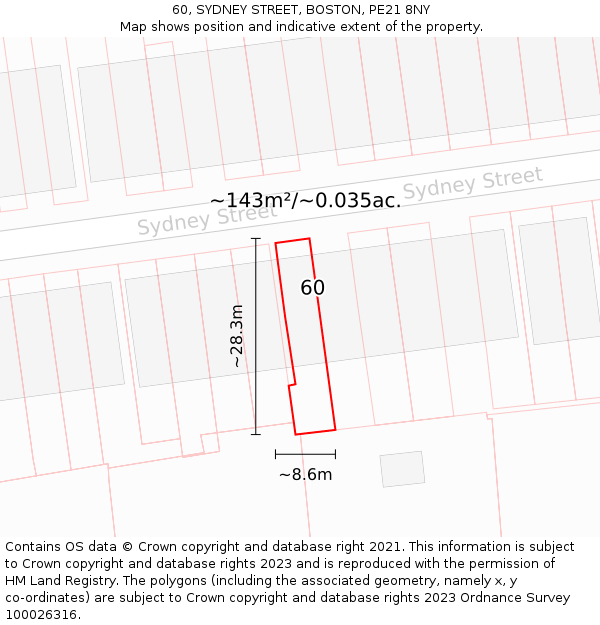 60, SYDNEY STREET, BOSTON, PE21 8NY: Plot and title map