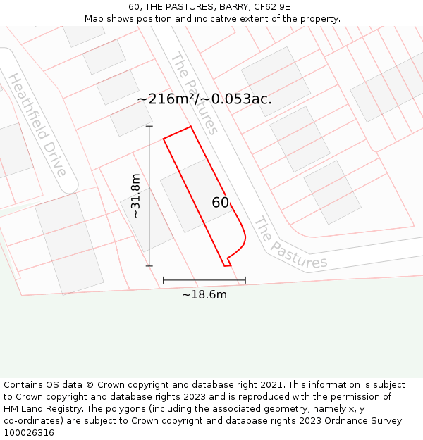 60, THE PASTURES, BARRY, CF62 9ET: Plot and title map