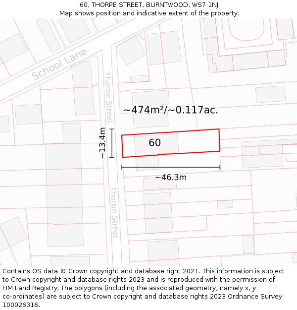 60, THORPE STREET, BURNTWOOD, WS7 1NJ: Plot and title map