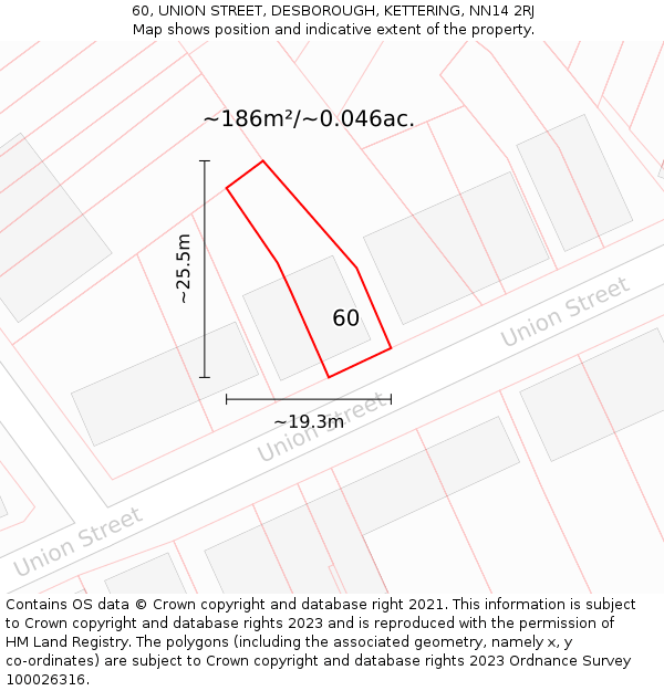 60, UNION STREET, DESBOROUGH, KETTERING, NN14 2RJ: Plot and title map