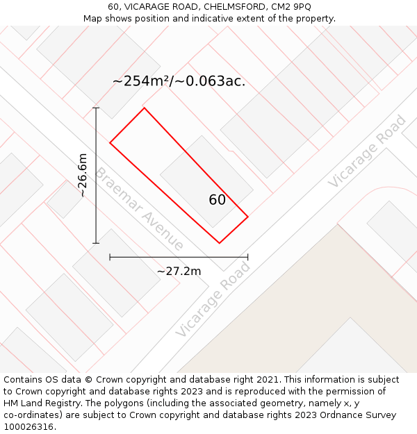 60, VICARAGE ROAD, CHELMSFORD, CM2 9PQ: Plot and title map