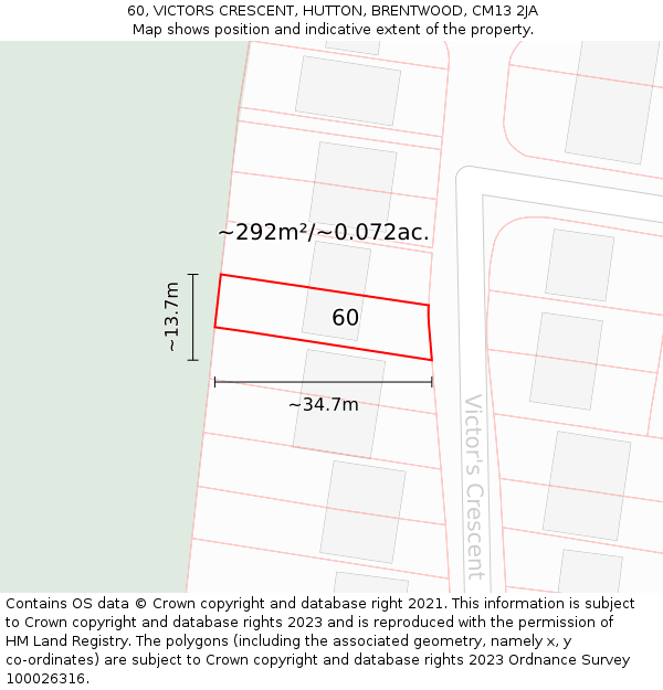 60, VICTORS CRESCENT, HUTTON, BRENTWOOD, CM13 2JA: Plot and title map