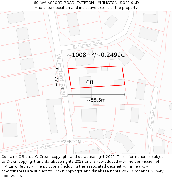 60, WAINSFORD ROAD, EVERTON, LYMINGTON, SO41 0UD: Plot and title map