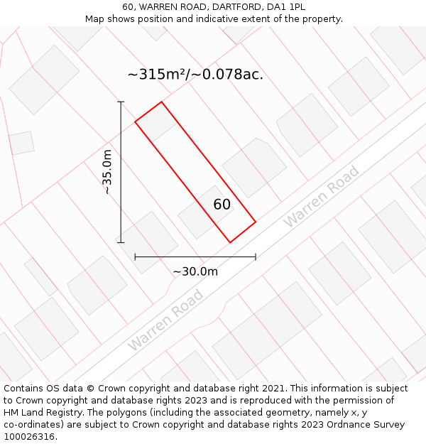 60, WARREN ROAD, DARTFORD, DA1 1PL: Plot and title map