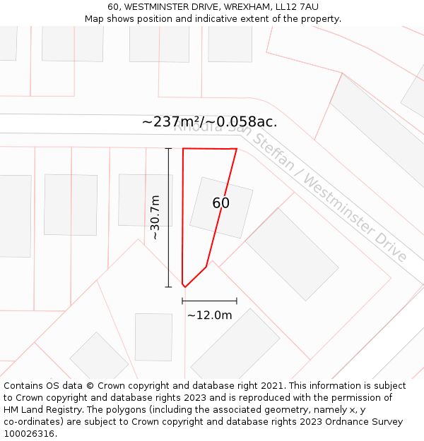 60, WESTMINSTER DRIVE, WREXHAM, LL12 7AU: Plot and title map