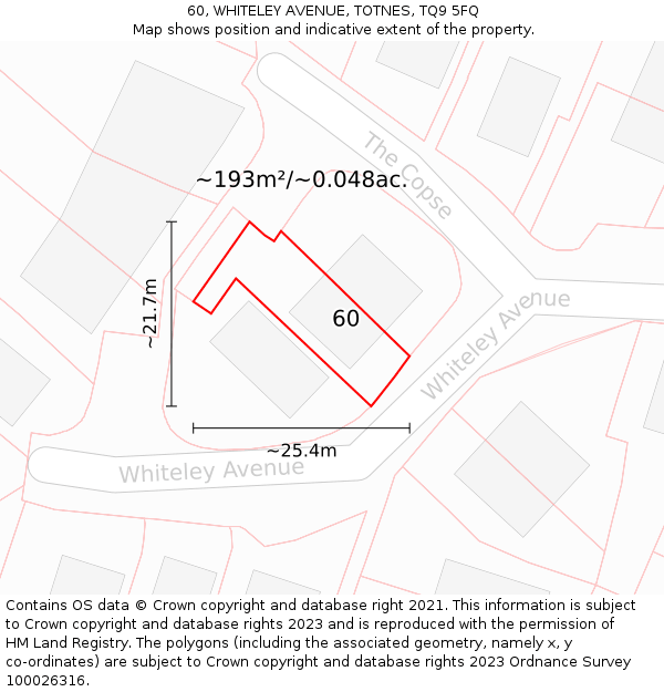 60, WHITELEY AVENUE, TOTNES, TQ9 5FQ: Plot and title map