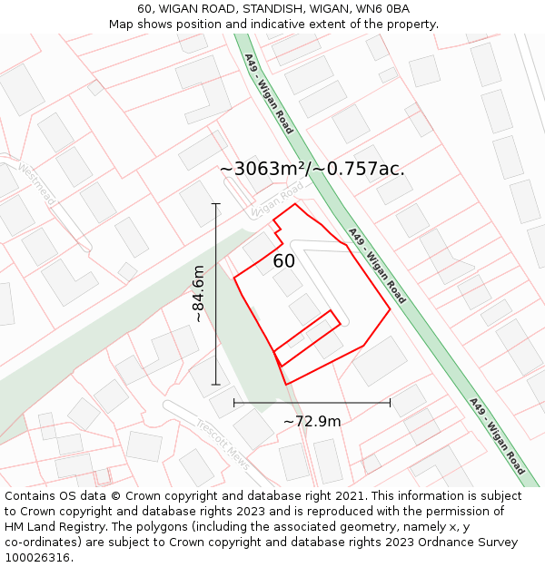 60, WIGAN ROAD, STANDISH, WIGAN, WN6 0BA: Plot and title map