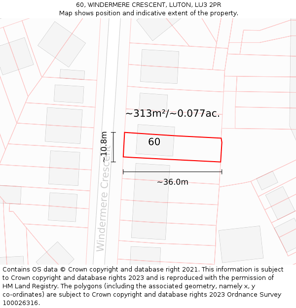 60, WINDERMERE CRESCENT, LUTON, LU3 2PR: Plot and title map