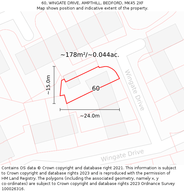 60, WINGATE DRIVE, AMPTHILL, BEDFORD, MK45 2XF: Plot and title map