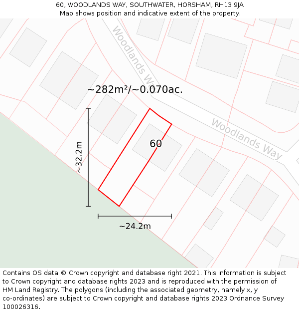 60, WOODLANDS WAY, SOUTHWATER, HORSHAM, RH13 9JA: Plot and title map