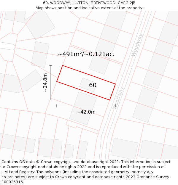 60, WOODWAY, HUTTON, BRENTWOOD, CM13 2JR: Plot and title map