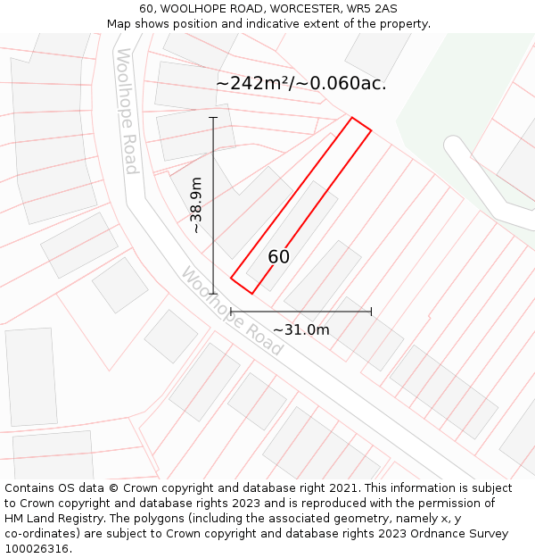 60, WOOLHOPE ROAD, WORCESTER, WR5 2AS: Plot and title map