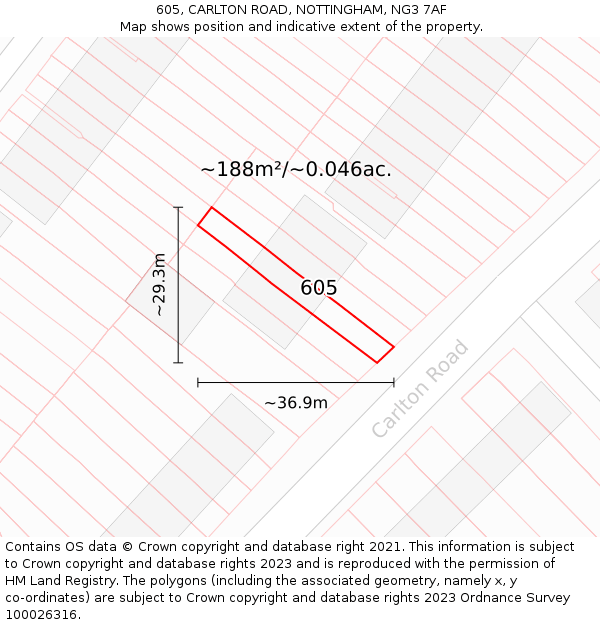 605, CARLTON ROAD, NOTTINGHAM, NG3 7AF: Plot and title map