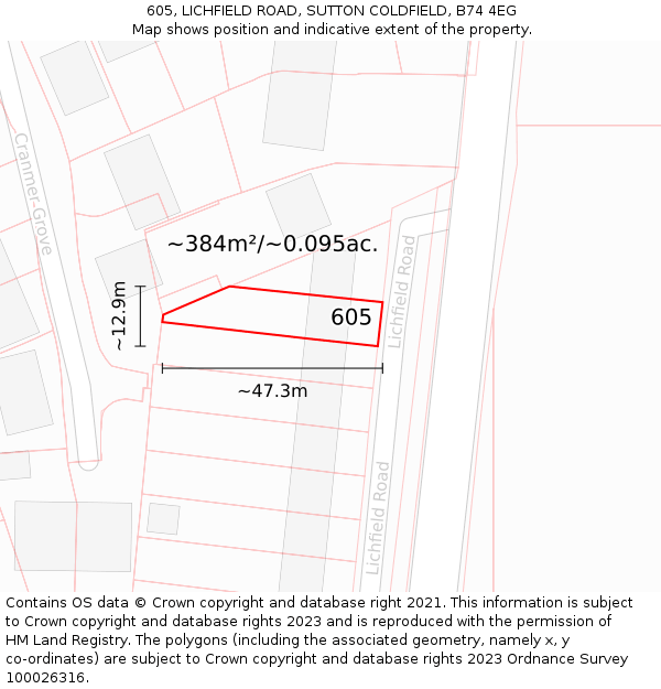 605, LICHFIELD ROAD, SUTTON COLDFIELD, B74 4EG: Plot and title map