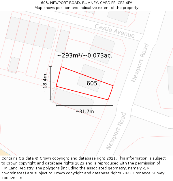 605, NEWPORT ROAD, RUMNEY, CARDIFF, CF3 4FA: Plot and title map