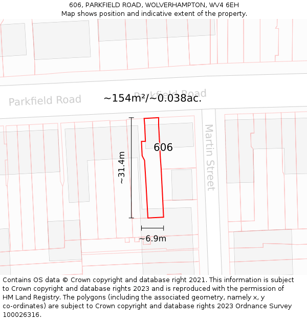 606, PARKFIELD ROAD, WOLVERHAMPTON, WV4 6EH: Plot and title map