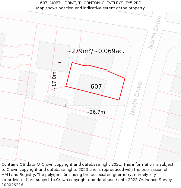 607, NORTH DRIVE, THORNTON-CLEVELEYS, FY5 2PD: Plot and title map