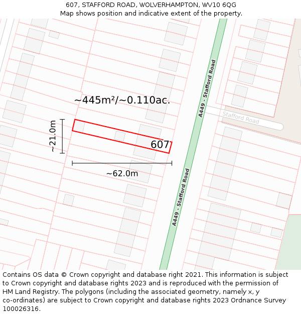 607, STAFFORD ROAD, WOLVERHAMPTON, WV10 6QG: Plot and title map