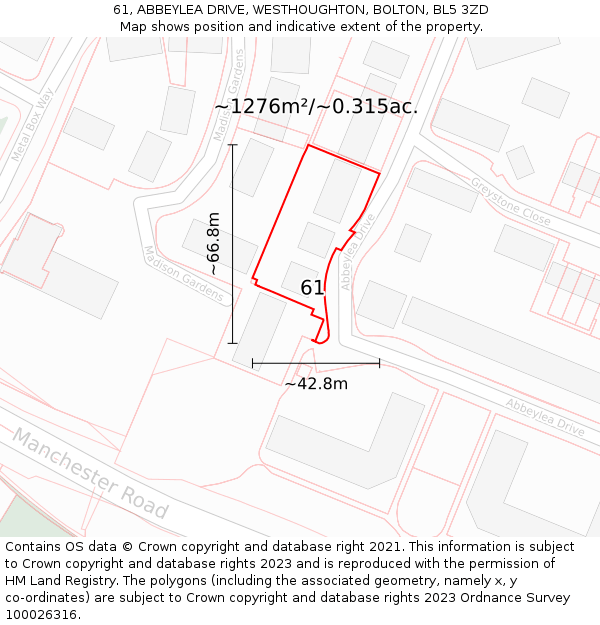 61, ABBEYLEA DRIVE, WESTHOUGHTON, BOLTON, BL5 3ZD: Plot and title map