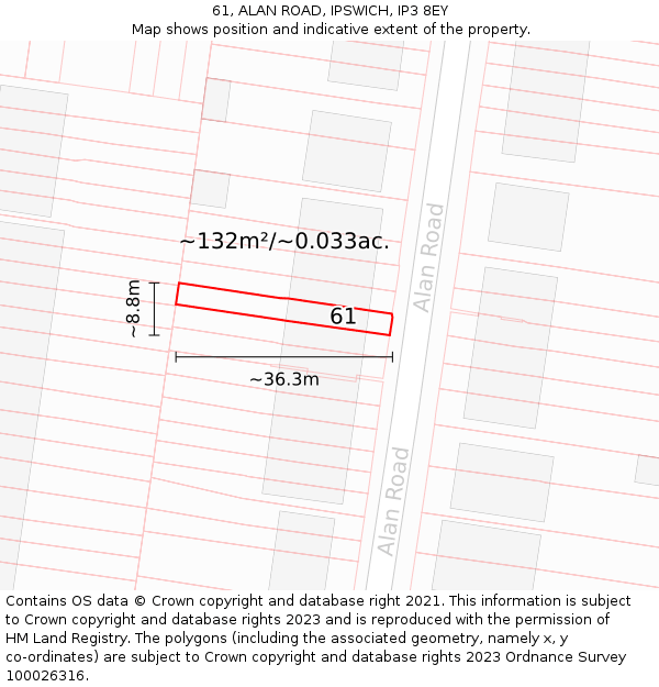 61, ALAN ROAD, IPSWICH, IP3 8EY: Plot and title map