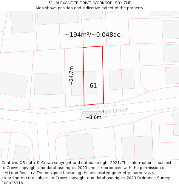 61, ALEXANDER DRIVE, WORKSOP, S81 7NP: Plot and title map