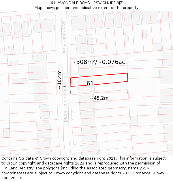 61, AVONDALE ROAD, IPSWICH, IP3 9JZ: Plot and title map