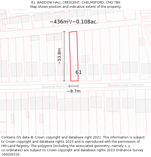 61, BADDOW HALL CRESCENT, CHELMSFORD, CM2 7BX: Plot and title map