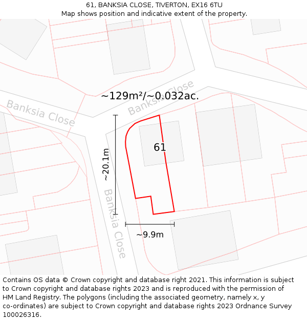 61, BANKSIA CLOSE, TIVERTON, EX16 6TU: Plot and title map