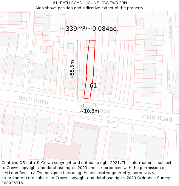 61, BATH ROAD, HOUNSLOW, TW3 3BN: Plot and title map