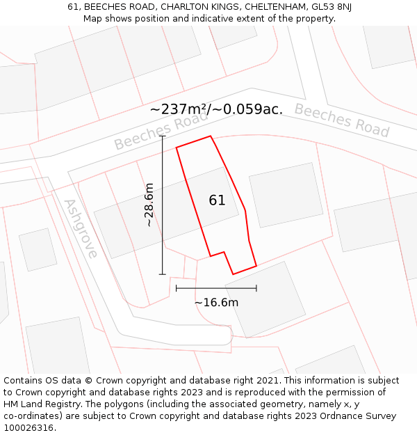 61, BEECHES ROAD, CHARLTON KINGS, CHELTENHAM, GL53 8NJ: Plot and title map