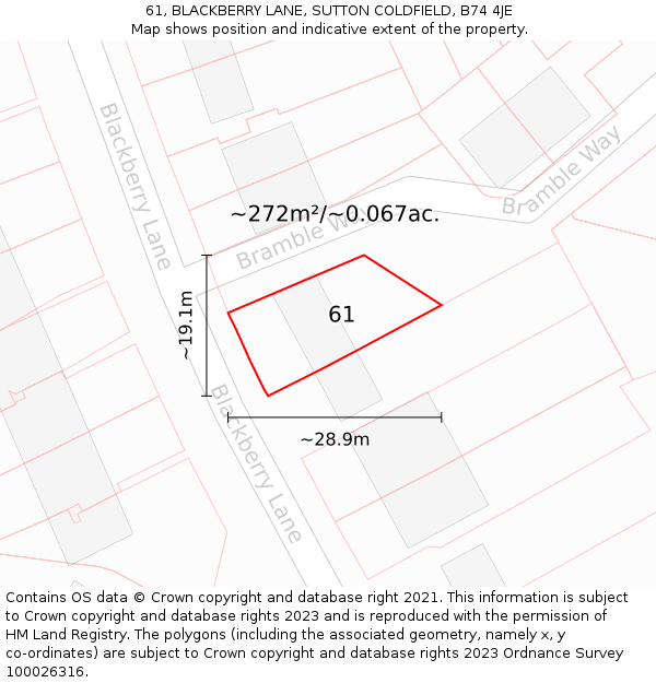 61, BLACKBERRY LANE, SUTTON COLDFIELD, B74 4JE: Plot and title map