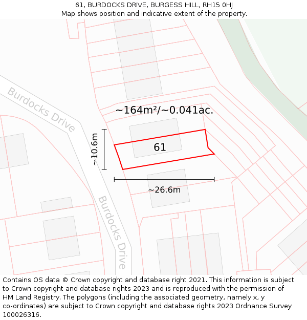 61, BURDOCKS DRIVE, BURGESS HILL, RH15 0HJ: Plot and title map