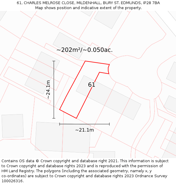 61, CHARLES MELROSE CLOSE, MILDENHALL, BURY ST. EDMUNDS, IP28 7BA: Plot and title map