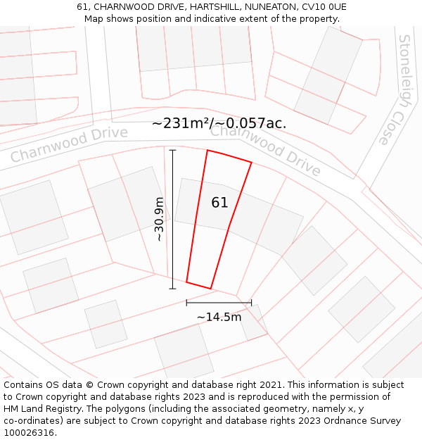 61, CHARNWOOD DRIVE, HARTSHILL, NUNEATON, CV10 0UE: Plot and title map