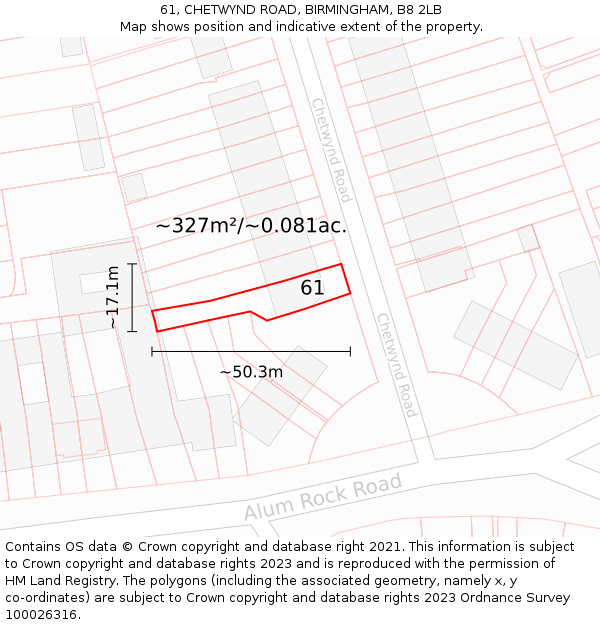 61, CHETWYND ROAD, BIRMINGHAM, B8 2LB: Plot and title map