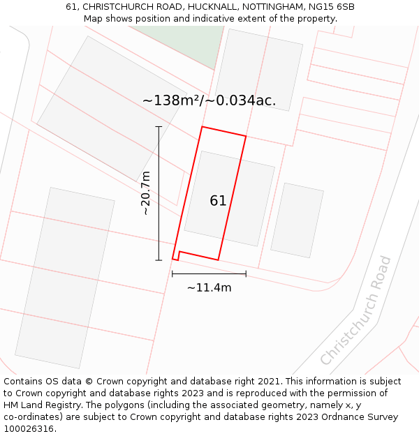 61, CHRISTCHURCH ROAD, HUCKNALL, NOTTINGHAM, NG15 6SB: Plot and title map