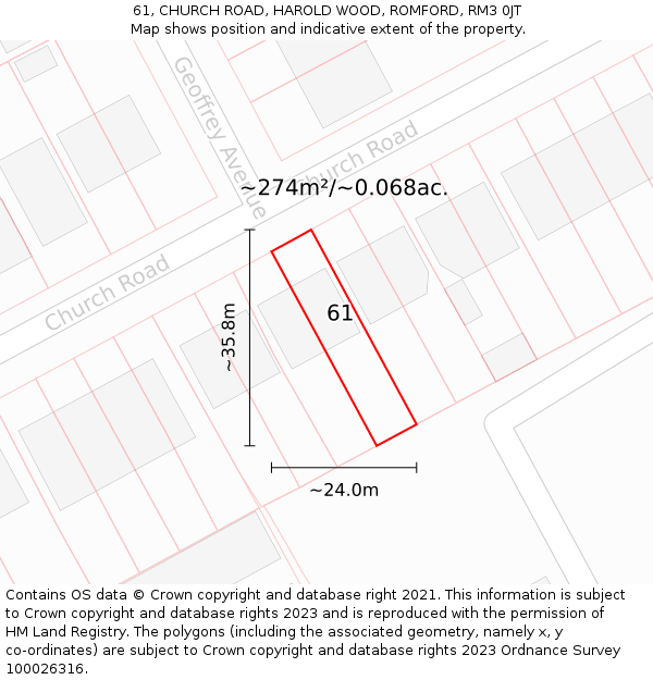 61, CHURCH ROAD, HAROLD WOOD, ROMFORD, RM3 0JT: Plot and title map