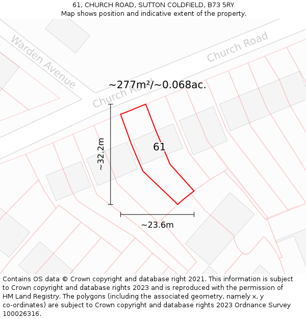 61, CHURCH ROAD, SUTTON COLDFIELD, B73 5RY: Plot and title map