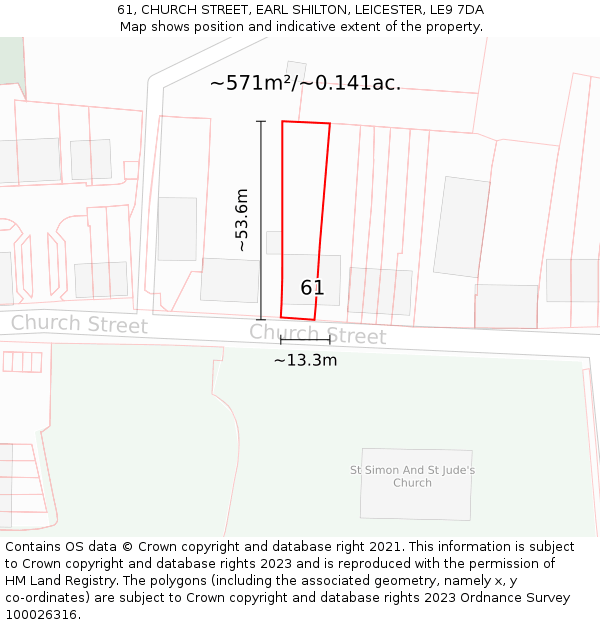 61, CHURCH STREET, EARL SHILTON, LEICESTER, LE9 7DA: Plot and title map